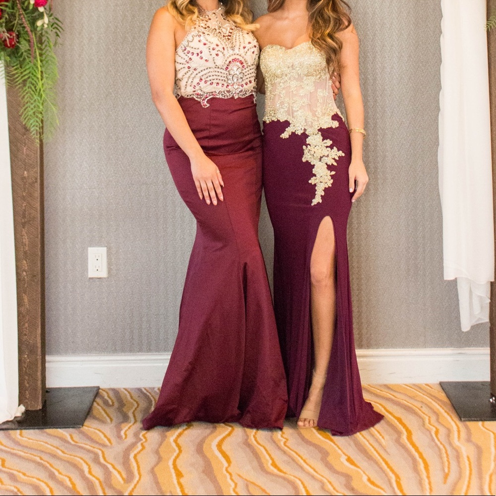 burgundy gown with sequence top